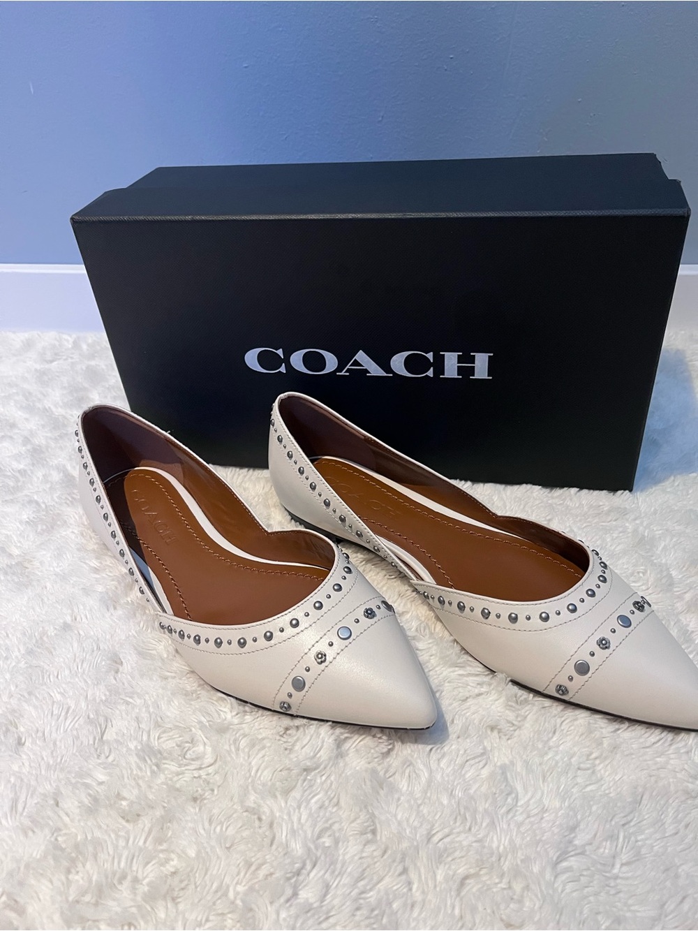 Coach Cream Leather Studded Pointed Flats